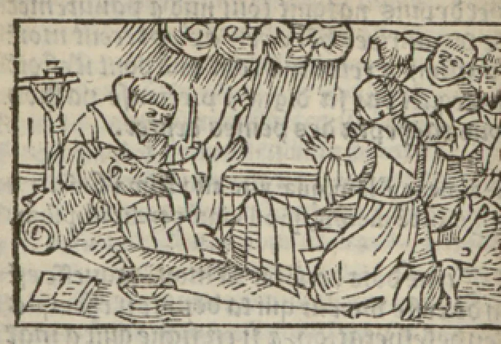 An illustration from Le mirouer du regime et gouvernement du corps & de lame : compose par le saige Caton senateur romain : auquel est comprins deux cens & ung commandement : soubz lesquelz sont comprinses plusieurs exemples aornees de plusieurs figures., 1543, leaf 109