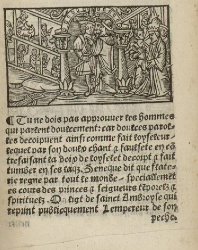 An illustration from Le mirouer du regime et gouvernement du corps & de lame : compose par le saige Caton senateur romain : auquel est comprins deux cens & ung commandement : soubz lesquelz sont comprinses plusieurs exemples aornees de plusieurs figures., 1543, leaf 116