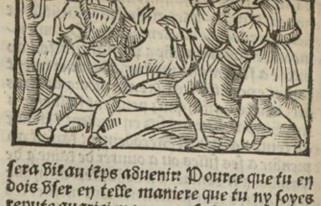 An illustration from Le mirouer du regime et gouvernement du corps & de lame : compose par le saige Caton senateur romain : auquel est comprins deux cens & ung commandement : soubz lesquelz sont comprinses plusieurs exemples aornees de plusieurs figures., 1543, leaf 119