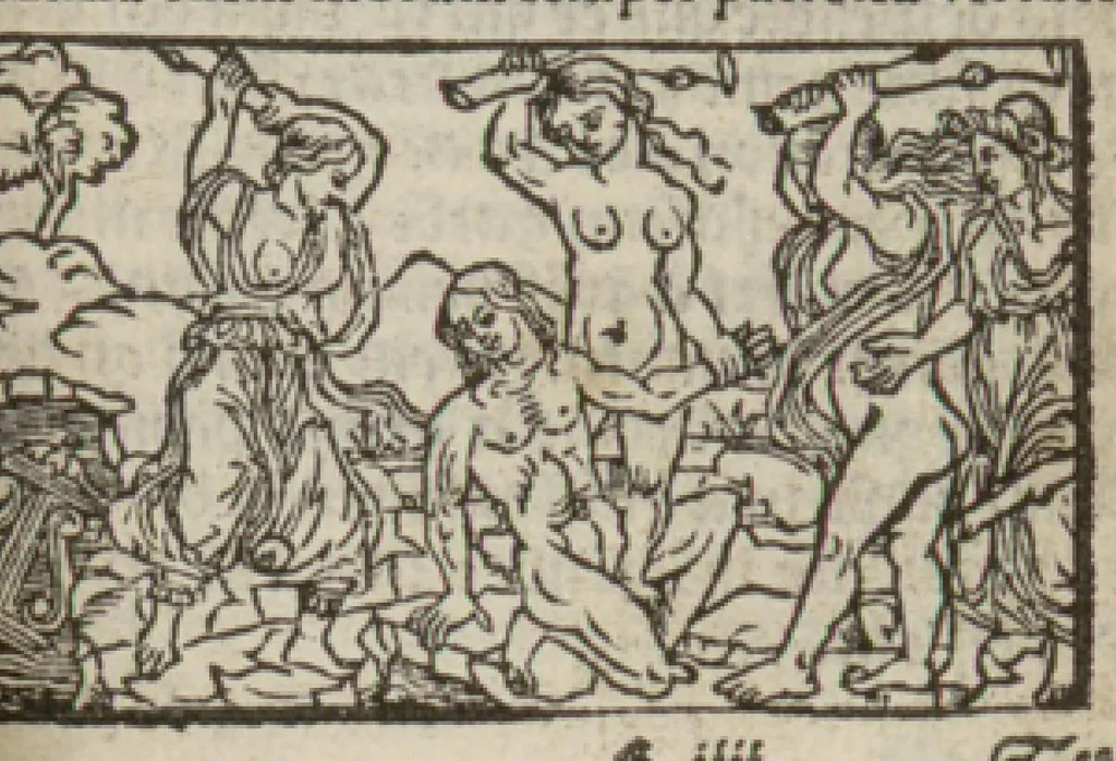 An illustration from Le mirouer du regime et gouvernement du corps & de lame : compose par le saige Caton senateur romain : auquel est comprins deux cens & ung commandement : soubz lesquelz sont comprinses plusieurs exemples aornees de plusieurs figures., 1543, leaf 130