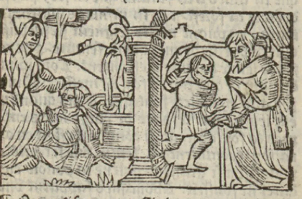 An illustration from Le mirouer du regime et gouvernement du corps & de lame : compose par le saige Caton senateur romain : auquel est comprins deux cens & ung commandement : soubz lesquelz sont comprinses plusieurs exemples aornees de plusieurs figures., 1543, leaf 162