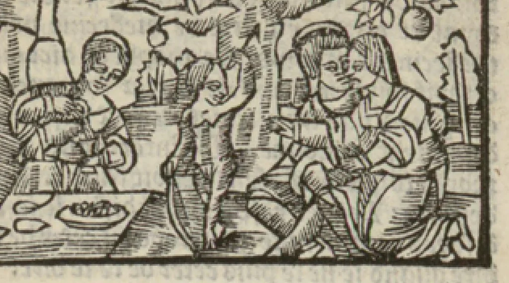 An illustration from Le mirouer du regime et gouvernement du corps & de lame : compose par le saige Caton senateur romain : auquel est comprins deux cens & ung commandement : soubz lesquelz sont comprinses plusieurs exemples aornees de plusieurs figures., 1543, leaf 168