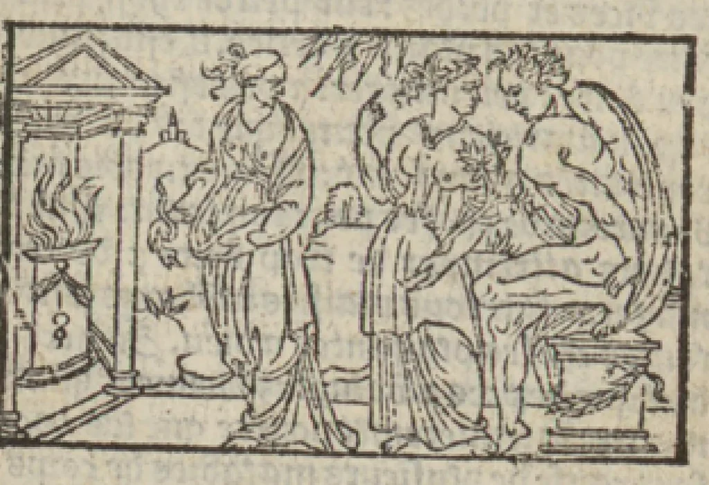 An illustration from Le mirouer du regime et gouvernement du corps & de lame : compose par le saige Caton senateur romain : auquel est comprins deux cens & ung commandement : soubz lesquelz sont comprinses plusieurs exemples aornees de plusieurs figures., 1543, leaf 174