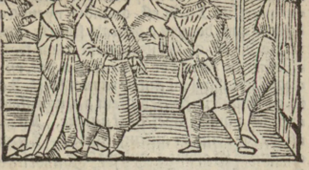 An illustration from Le mirouer du regime et gouvernement du corps & de lame : compose par le saige Caton senateur romain : auquel est comprins deux cens & ung commandement : soubz lesquelz sont comprinses plusieurs exemples aornees de plusieurs figures., 1543, leaf 182