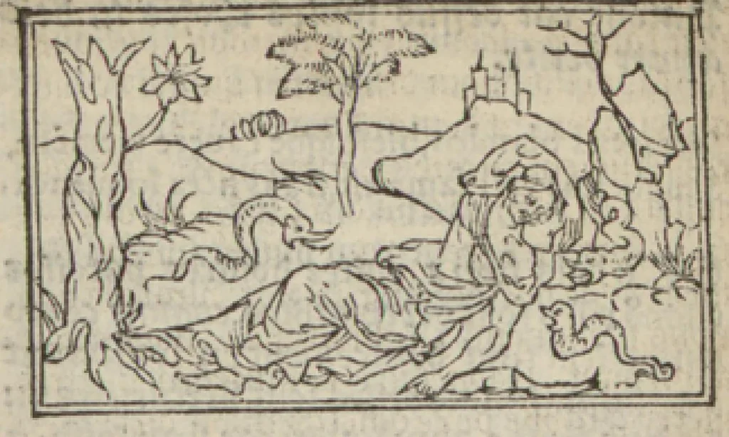 An illustration from Le mirouer du regime et gouvernement du corps & de lame : compose par le saige Caton senateur romain : auquel est comprins deux cens & ung commandement : soubz lesquelz sont comprinses plusieurs exemples aornees de plusieurs figures., 1543, leaf 185