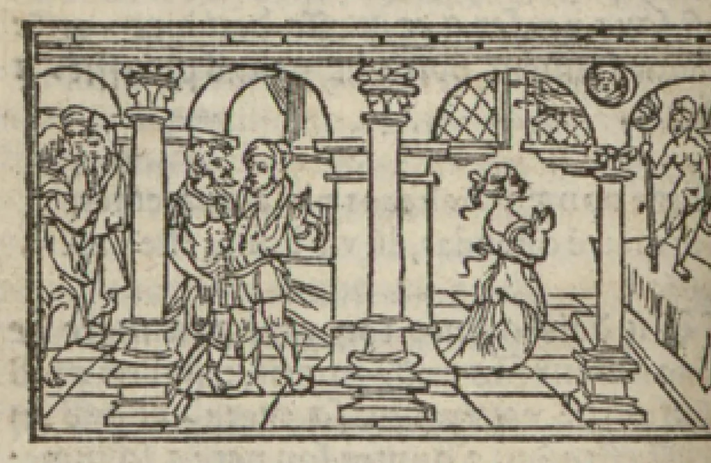 An illustration from Le mirouer du regime et gouvernement du corps & de lame : compose par le saige Caton senateur romain : auquel est comprins deux cens & ung commandement : soubz lesquelz sont comprinses plusieurs exemples aornees de plusieurs figures., 1543, leaf 203