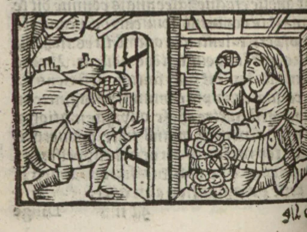 An illustration from Le mirouer du regime et gouvernement du corps & de lame : compose par le saige Caton senateur romain : auquel est comprins deux cens & ung commandement : soubz lesquelz sont comprinses plusieurs exemples aornees de plusieurs figures., 1543, leaf 207