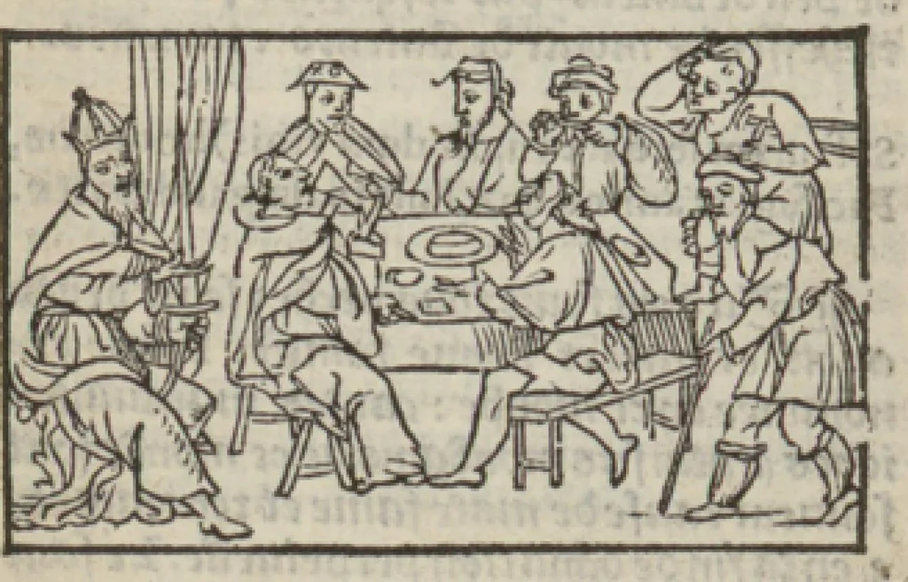 An illustration from Le mirouer du regime et gouvernement du corps & de lame : compose par le saige Caton senateur romain : auquel est comprins deux cens & ung commandement : soubz lesquelz sont comprinses plusieurs exemples aornees de plusieurs figures., 1543, leaf 218
