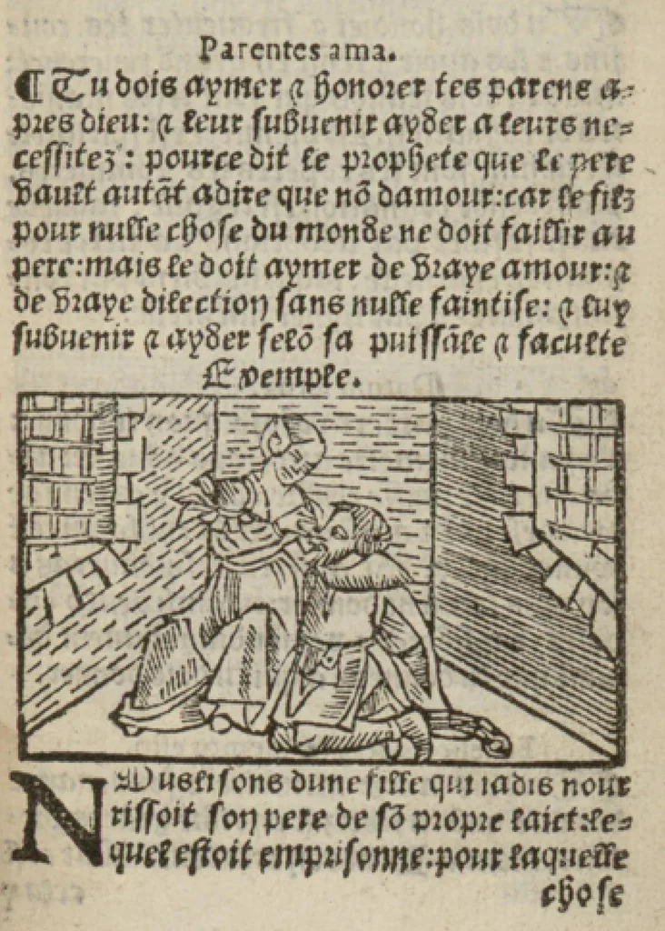 An illustration from Le mirouer du regime et gouvernement du corps & de lame : compose par le saige Caton senateur romain : auquel est comprins deux cens & ung commandement : soubz lesquelz sont comprinses plusieurs exemples aornees de plusieurs figures., 1543, leaf 22