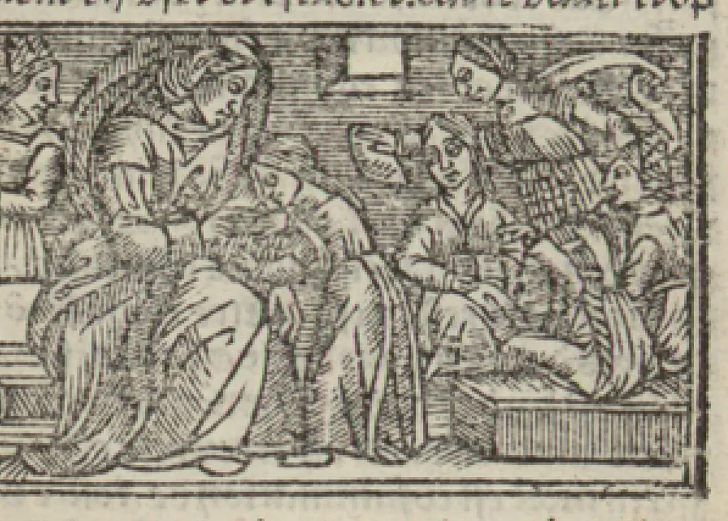 An illustration from Le mirouer du regime et gouvernement du corps & de lame : compose par le saige Caton senateur romain : auquel est comprins deux cens & ung commandement : soubz lesquelz sont comprinses plusieurs exemples aornees de plusieurs figures., 1543, leaf 222