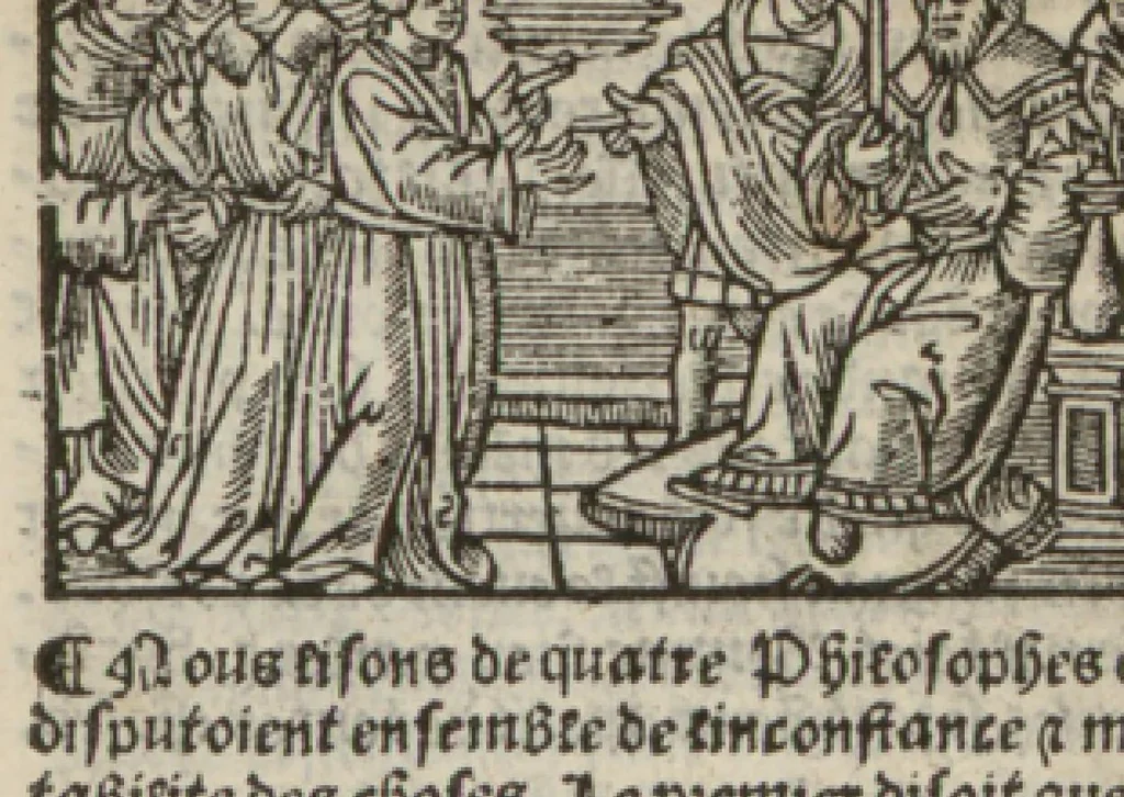 An illustration from Le mirouer du regime et gouvernement du corps & de lame : compose par le saige Caton senateur romain : auquel est comprins deux cens & ung commandement : soubz lesquelz sont comprinses plusieurs exemples aornees de plusieurs figures., 1543, leaf 227