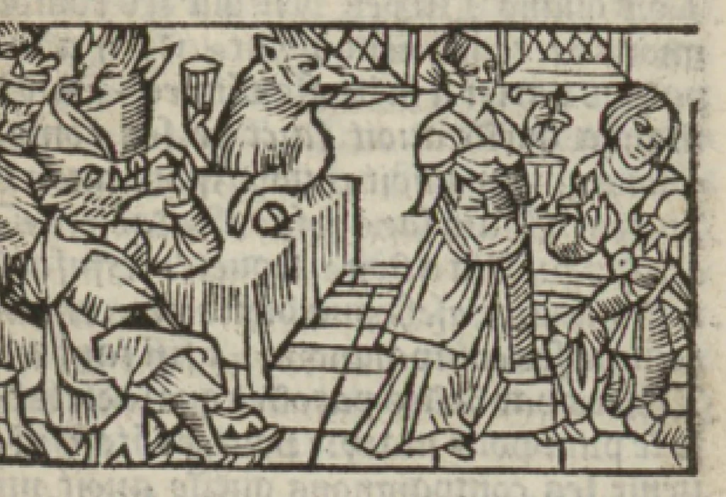 An illustration from Le mirouer du regime et gouvernement du corps & de lame : compose par le saige Caton senateur romain : auquel est comprins deux cens & ung commandement : soubz lesquelz sont comprinses plusieurs exemples aornees de plusieurs figures., 1543, leaf 228