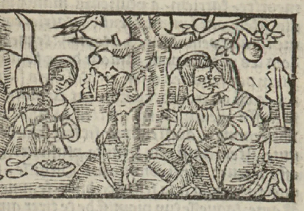 An illustration from Le mirouer du regime et gouvernement du corps & de lame : compose par le saige Caton senateur romain : auquel est comprins deux cens & ung commandement : soubz lesquelz sont comprinses plusieurs exemples aornees de plusieurs figures., 1543, leaf 234