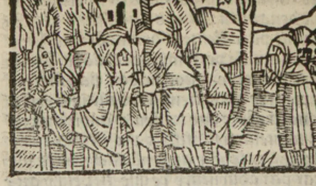 An illustration from Le mirouer du regime et gouvernement du corps & de lame : compose par le saige Caton senateur romain : auquel est comprins deux cens & ung commandement : soubz lesquelz sont comprinses plusieurs exemples aornees de plusieurs figures., 1543, leaf 253