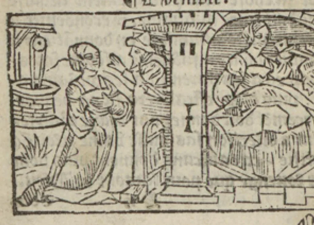 An illustration from Le mirouer du regime et gouvernement du corps & de lame : compose par le saige Caton senateur romain : auquel est comprins deux cens & ung commandement : soubz lesquelz sont comprinses plusieurs exemples aornees de plusieurs figures., 1543, leaf 31
