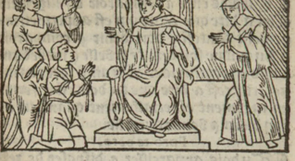 An illustration from Le mirouer du regime et gouvernement du corps & de lame : compose par le saige Caton senateur romain : auquel est comprins deux cens & ung commandement : soubz lesquelz sont comprinses plusieurs exemples aornees de plusieurs figures., 1543, leaf 38