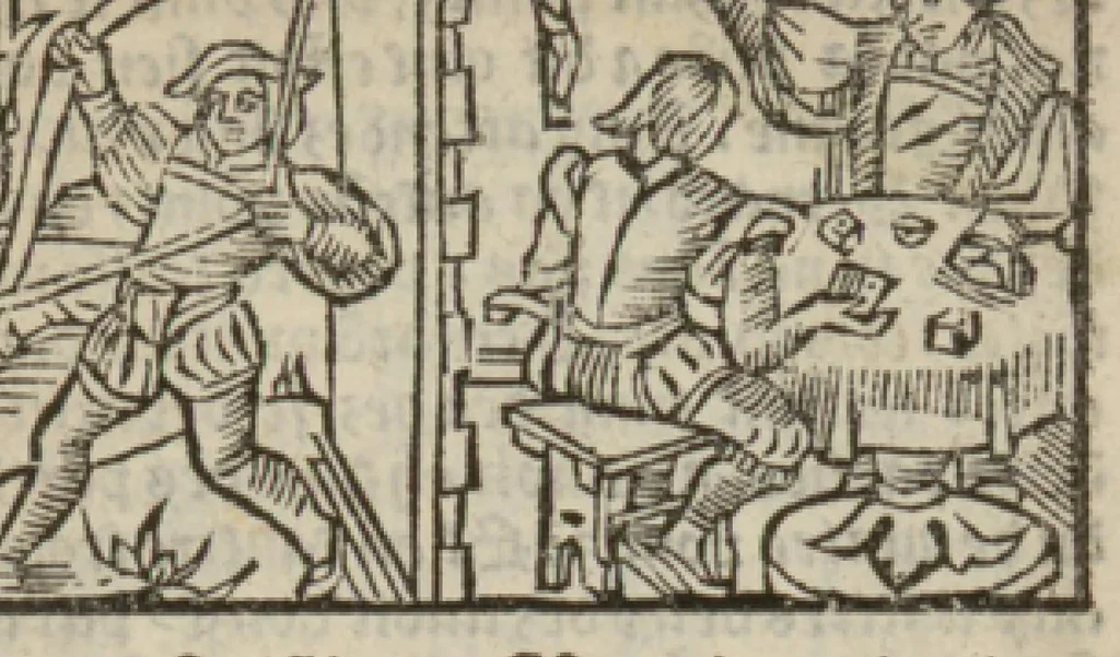 An illustration from Le mirouer du regime et gouvernement du corps & de lame : compose par le saige Caton senateur romain : auquel est comprins deux cens & ung commandement : soubz lesquelz sont comprinses plusieurs exemples aornees de plusieurs figures., 1543, leaf 52