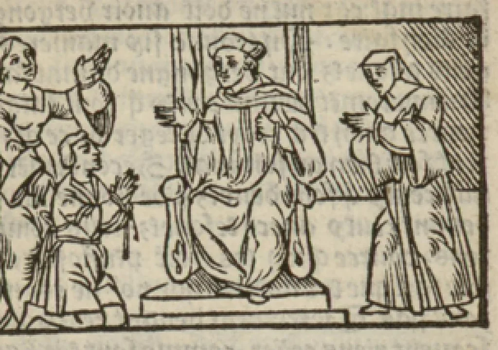 An illustration from Le mirouer du regime et gouvernement du corps & de lame : compose par le saige Caton senateur romain : auquel est comprins deux cens & ung commandement : soubz lesquelz sont comprinses plusieurs exemples aornees de plusieurs figures., 1543, leaf 54
