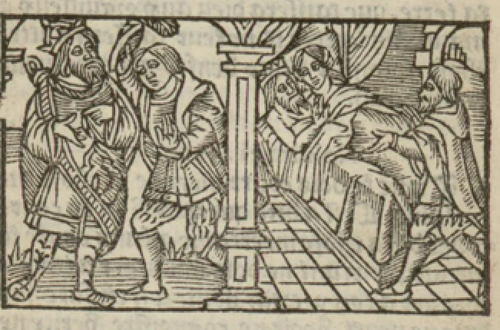 An illustration from Le mirouer du regime et gouvernement du corps & de lame : compose par le saige Caton senateur romain : auquel est comprins deux cens & ung commandement : soubz lesquelz sont comprinses plusieurs exemples aornees de plusieurs figures., 1543, leaf 56