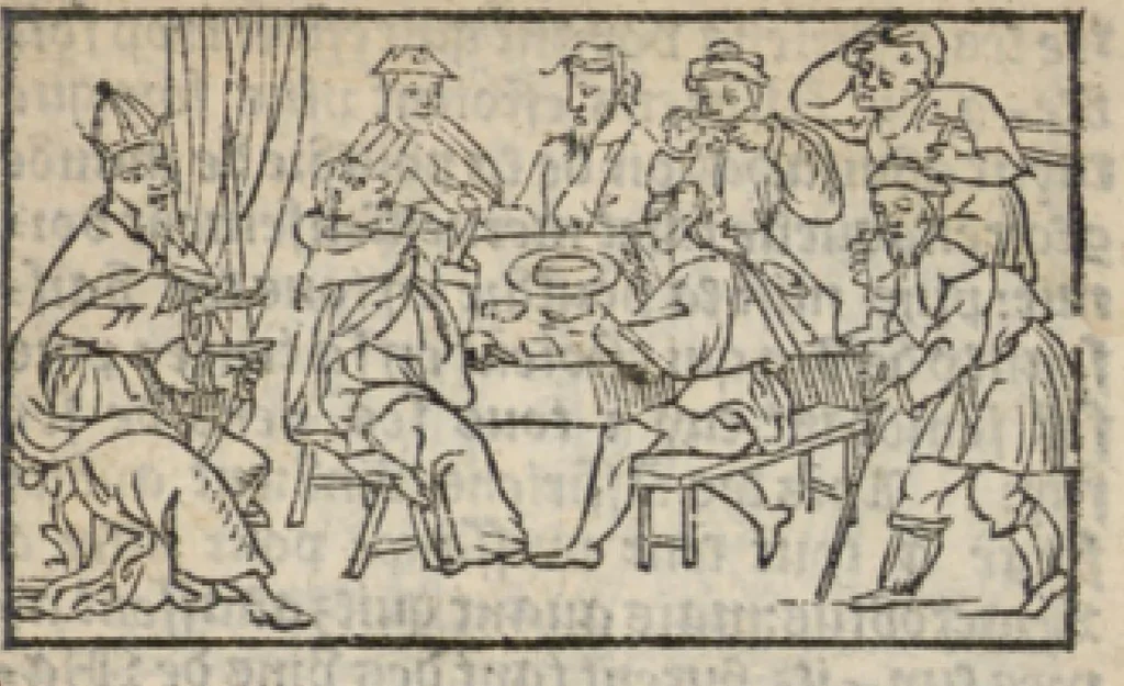 An illustration from Le mirouer du regime et gouvernement du corps & de lame : compose par le saige Caton senateur romain : auquel est comprins deux cens & ung commandement : soubz lesquelz sont comprinses plusieurs exemples aornees de plusieurs figures., 1543, leaf 60
