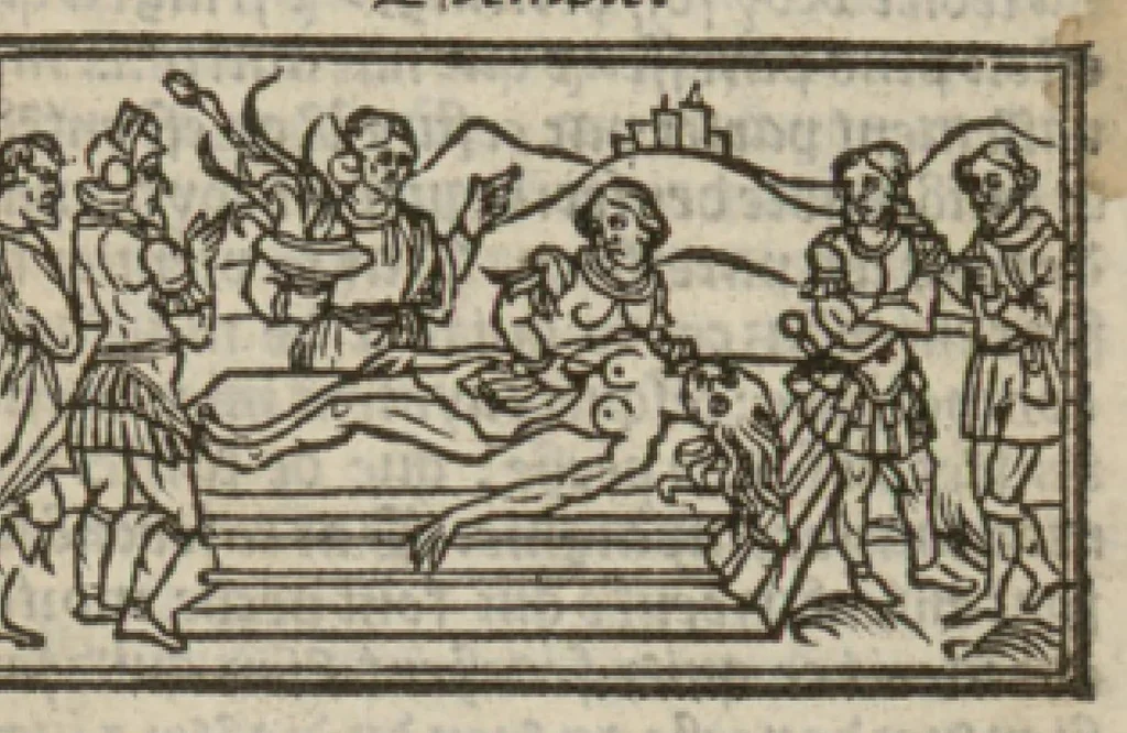 An illustration from Le mirouer du regime et gouvernement du corps & de lame : compose par le saige Caton senateur romain : auquel est comprins deux cens & ung commandement : soubz lesquelz sont comprinses plusieurs exemples aornees de plusieurs figures., 1543, leaf 70