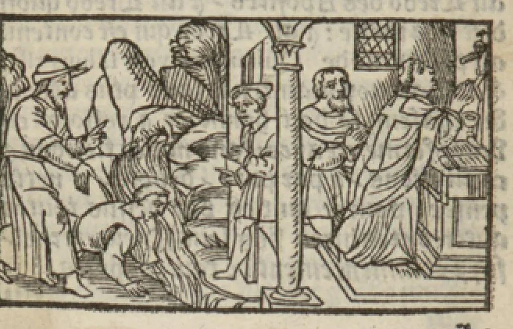 An illustration from Le mirouer du regime et gouvernement du corps & de lame : compose par le saige Caton senateur romain : auquel est comprins deux cens & ung commandement : soubz lesquelz sont comprinses plusieurs exemples aornees de plusieurs figures., 1543, leaf 72