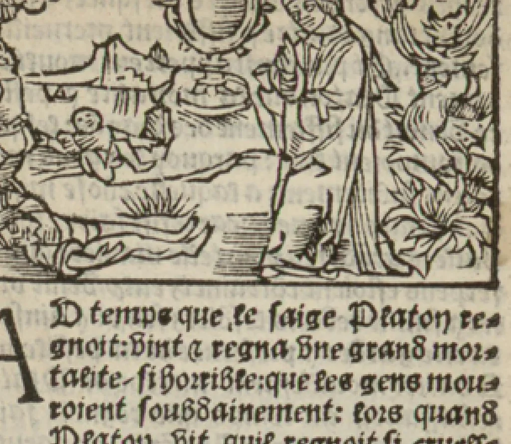 An illustration from Le mirouer du regime et gouvernement du corps & de lame : compose par le saige Caton senateur romain : auquel est comprins deux cens & ung commandement : soubz lesquelz sont comprinses plusieurs exemples aornees de plusieurs figures., 1543, leaf 74