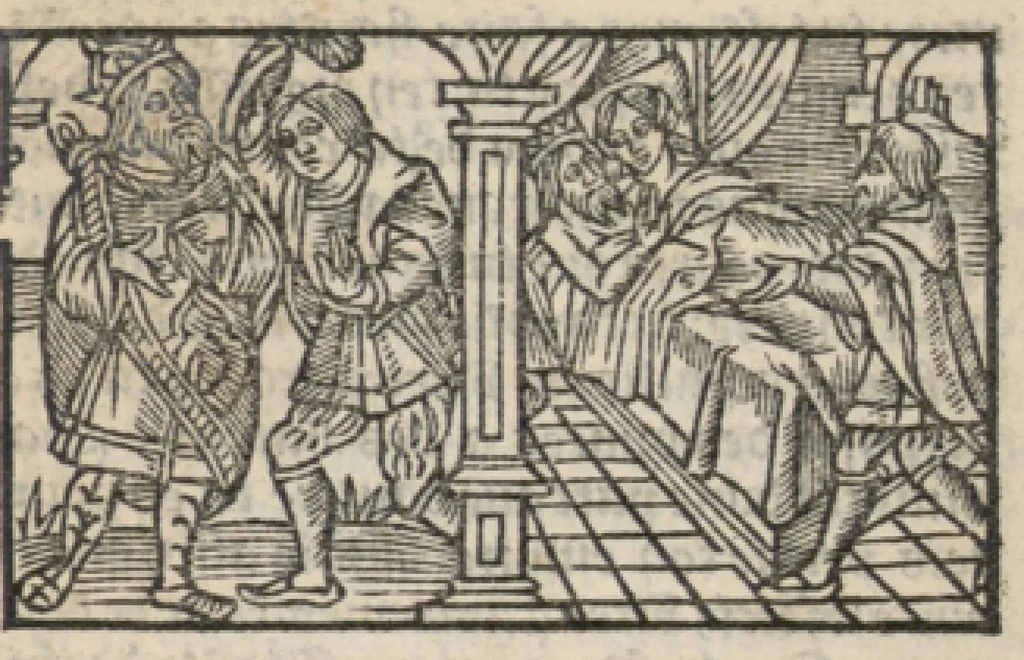 An illustration from Le mirouer du regime et gouvernement du corps & de lame : compose par le saige Caton senateur romain : auquel est comprins deux cens & ung commandement : soubz lesquelz sont comprinses plusieurs exemples aornees de plusieurs figures., 1543, leaf 84