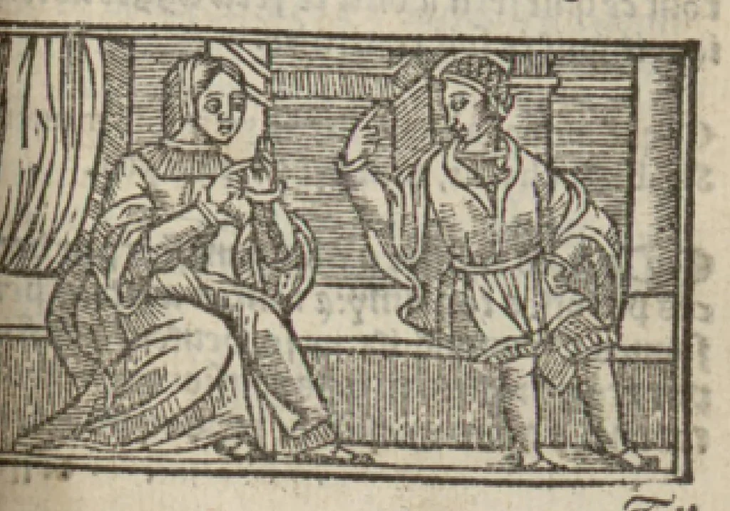 An illustration from Le mirouer du regime et gouvernement du corps & de lame : compose par le saige Caton senateur romain : auquel est comprins deux cens & ung commandement : soubz lesquelz sont comprinses plusieurs exemples aornees de plusieurs figures., 1543, leaf 88