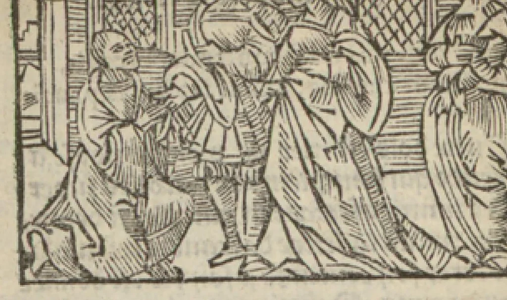 An illustration from Le mirouer du regime et gouvernement du corps & de lame : compose par le saige Caton senateur romain : auquel est comprins deux cens & ung commandement : soubz lesquelz sont comprinses plusieurs exemples aornees de plusieurs figures., 1543, leaf 91