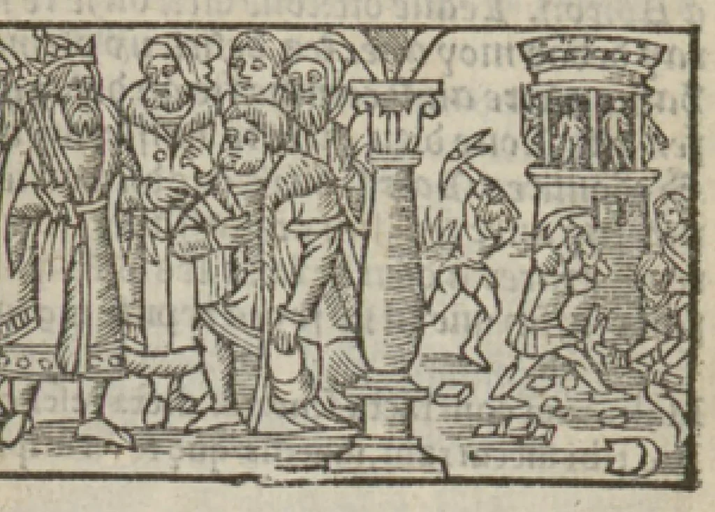 An illustration from Le mirouer du regime et gouvernement du corps & de lame : compose par le saige Caton senateur romain : auquel est comprins deux cens & ung commandement : soubz lesquelz sont comprinses plusieurs exemples aornees de plusieurs figures., 1543, leaf 96