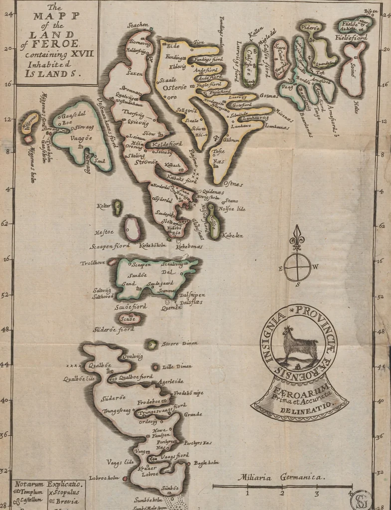 An illustration from Færoœ, et Fœroa reserata : that is a description of the islands & inhabitants of Foeroe : being seventeen islands subject to the King of Denmark, lying under 62 deg. 10 min. of north latitude. Wherein several secrets of nature are brought to light, and some antiquities hitherto kept in darkness discovered., 1676, leaf 11