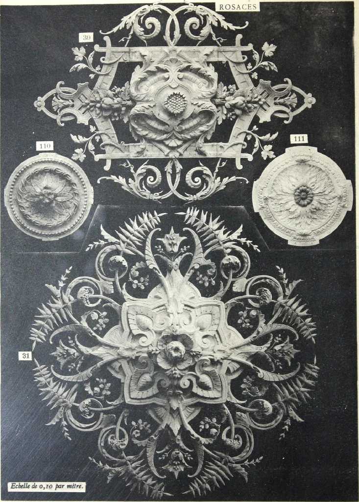 An illustration from A. Auberlet: Stone carving, Wood, Marble Interior and Exterior Stone and Cardboard-Plaster for Artistic Ornamentation, such as Castles, Churches, Hotels, Houses, Public Monuments. Projects, Models and Drawings of all styles. Export to France and Abroad., 1890, leaf 11