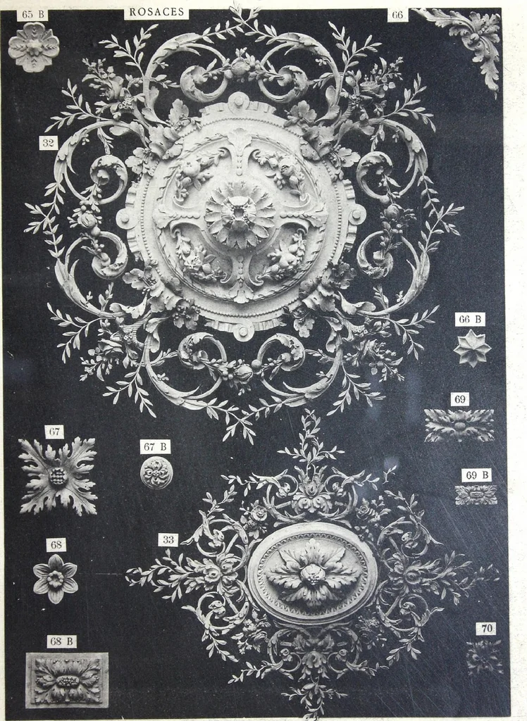 An illustration from A. Auberlet: Stone carving, Wood, Marble Interior and Exterior Stone and Cardboard-Plaster for Artistic Ornamentation, such as Castles, Churches, Hotels, Houses, Public Monuments. Projects, Models and Drawings of all styles. Export to France and Abroad., 1890, leaf 12