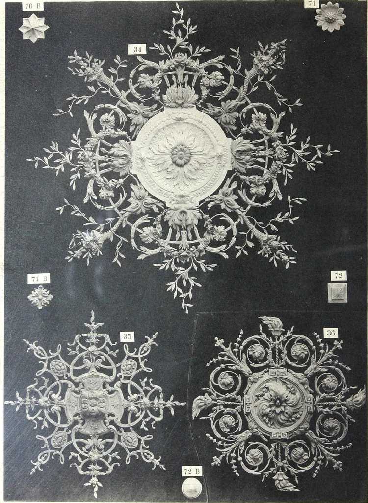An illustration from A. Auberlet: Stone carving, Wood, Marble Interior and Exterior Stone and Cardboard-Plaster for Artistic Ornamentation, such as Castles, Churches, Hotels, Houses, Public Monuments. Projects, Models and Drawings of all styles. Export to France and Abroad., 1890, leaf 13
