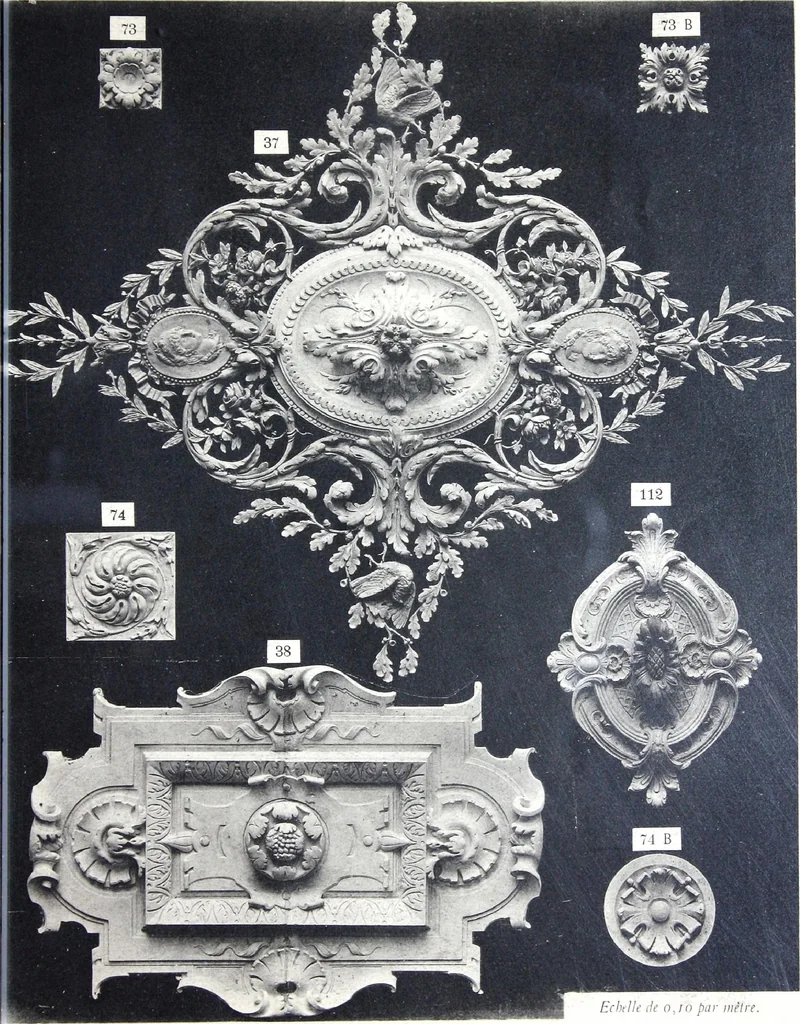 An illustration from A. Auberlet: Stone carving, Wood, Marble Interior and Exterior Stone and Cardboard-Plaster for Artistic Ornamentation, such as Castles, Churches, Hotels, Houses, Public Monuments. Projects, Models and Drawings of all styles. Export to France and Abroad., 1890, leaf 14