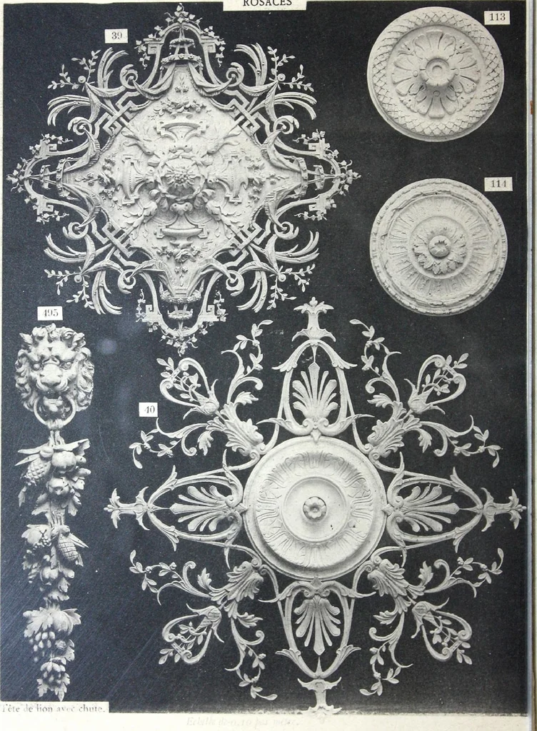 An illustration from A. Auberlet: Stone carving, Wood, Marble Interior and Exterior Stone and Cardboard-Plaster for Artistic Ornamentation, such as Castles, Churches, Hotels, Houses, Public Monuments. Projects, Models and Drawings of all styles. Export to France and Abroad., 1890, leaf 15