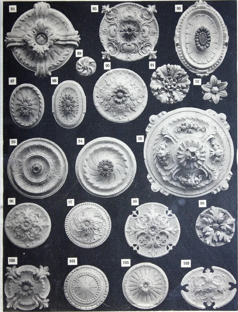 An illustration from A. Auberlet: Stone carving, Wood, Marble Interior and Exterior Stone and Cardboard-Plaster for Artistic Ornamentation, such as Castles, Churches, Hotels, Houses, Public Monuments. Projects, Models and Drawings of all styles. Export to France and Abroad., 1890, leaf 16
