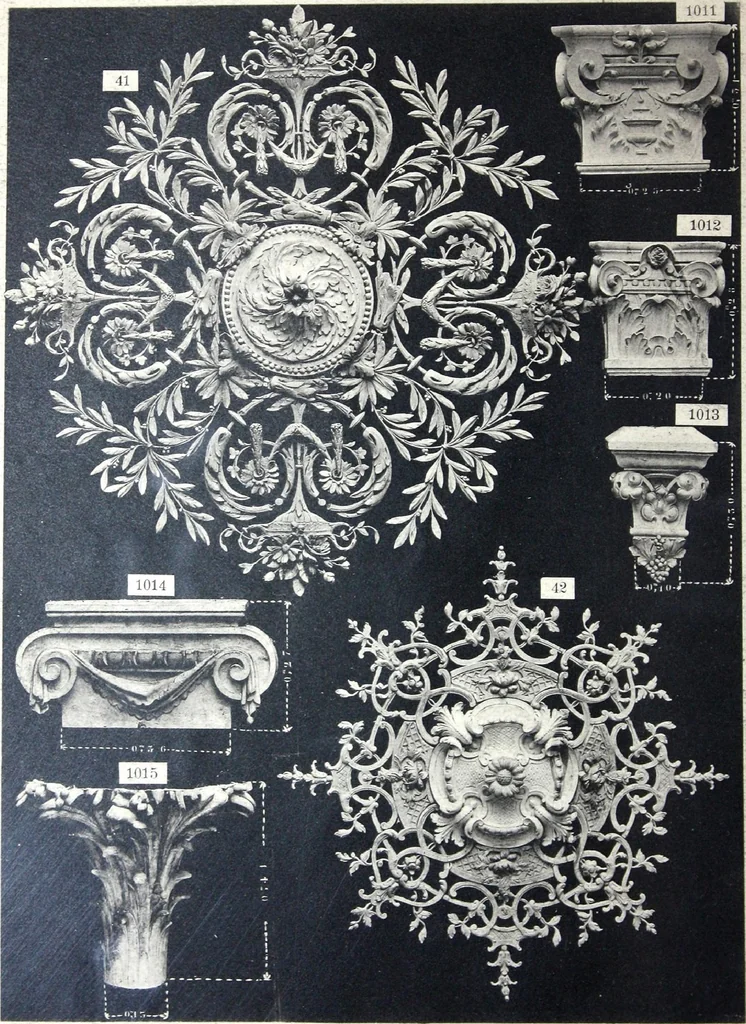 An illustration from A. Auberlet: Stone carving, Wood, Marble Interior and Exterior Stone and Cardboard-Plaster for Artistic Ornamentation, such as Castles, Churches, Hotels, Houses, Public Monuments. Projects, Models and Drawings of all styles. Export to France and Abroad., 1890, leaf 17