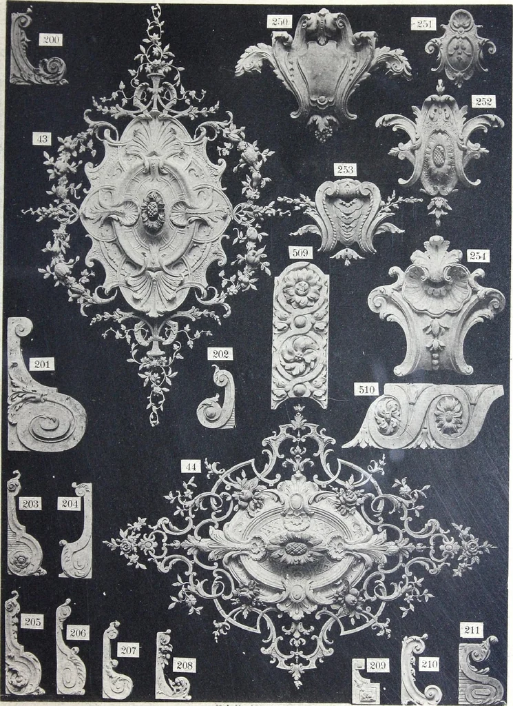 An illustration from A. Auberlet: Stone carving, Wood, Marble Interior and Exterior Stone and Cardboard-Plaster for Artistic Ornamentation, such as Castles, Churches, Hotels, Houses, Public Monuments. Projects, Models and Drawings of all styles. Export to France and Abroad., 1890, leaf 18