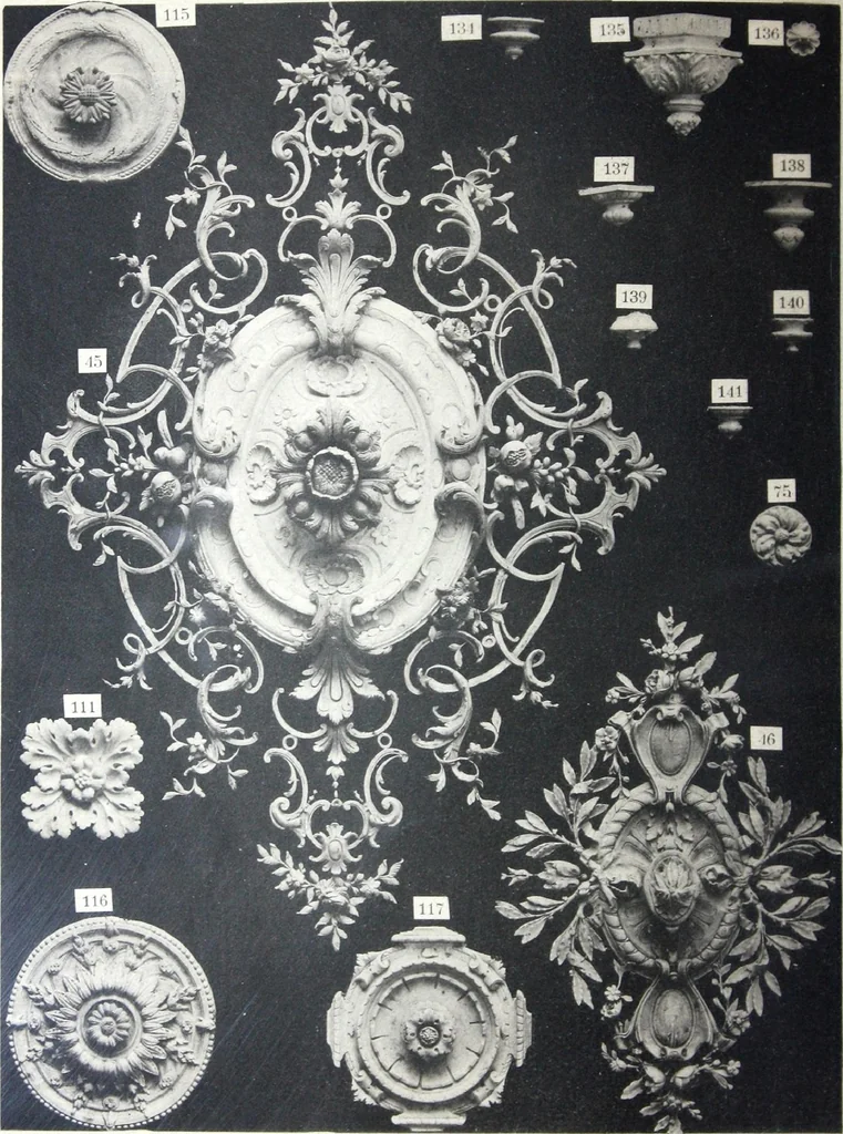 An illustration from A. Auberlet: Stone carving, Wood, Marble Interior and Exterior Stone and Cardboard-Plaster for Artistic Ornamentation, such as Castles, Churches, Hotels, Houses, Public Monuments. Projects, Models and Drawings of all styles. Export to France and Abroad., 1890, leaf 19