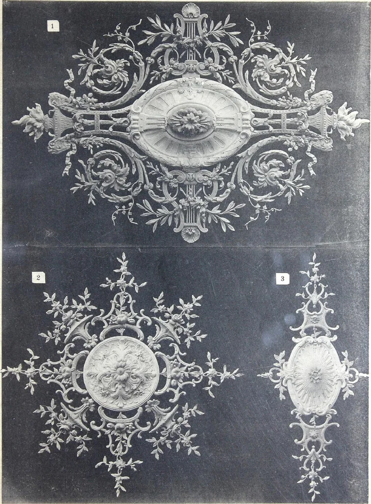 An illustration from A. Auberlet: Stone carving, Wood, Marble Interior and Exterior Stone and Cardboard-Plaster for Artistic Ornamentation, such as Castles, Churches, Hotels, Houses, Public Monuments. Projects, Models and Drawings of all styles. Export to France and Abroad., 1890, leaf 2
