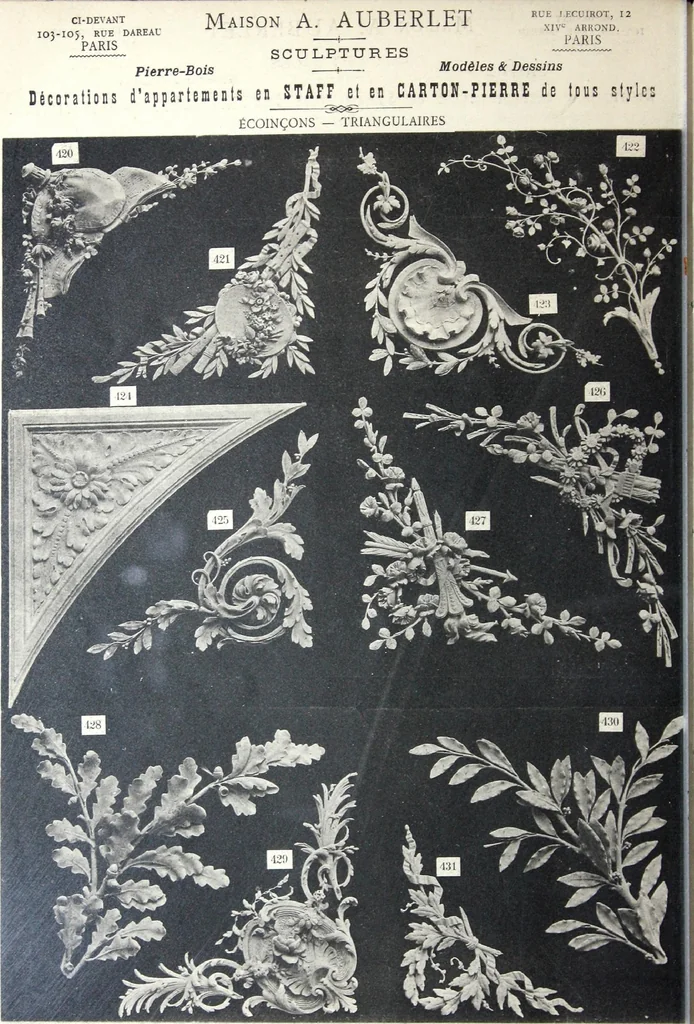 An illustration from A. Auberlet: Stone carving, Wood, Marble Interior and Exterior Stone and Cardboard-Plaster for Artistic Ornamentation, such as Castles, Churches, Hotels, Houses, Public Monuments. Projects, Models and Drawings of all styles. Export to France and Abroad., 1890, leaf 21