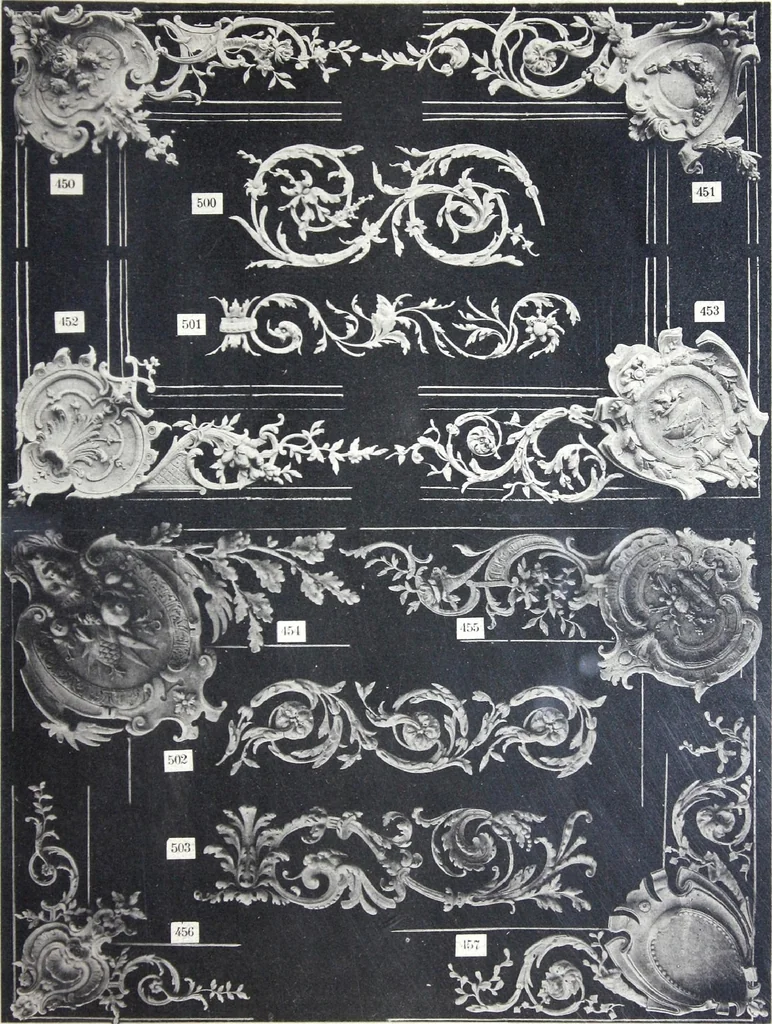 An illustration from A. Auberlet: Stone carving, Wood, Marble Interior and Exterior Stone and Cardboard-Plaster for Artistic Ornamentation, such as Castles, Churches, Hotels, Houses, Public Monuments. Projects, Models and Drawings of all styles. Export to France and Abroad., 1890, leaf 22
