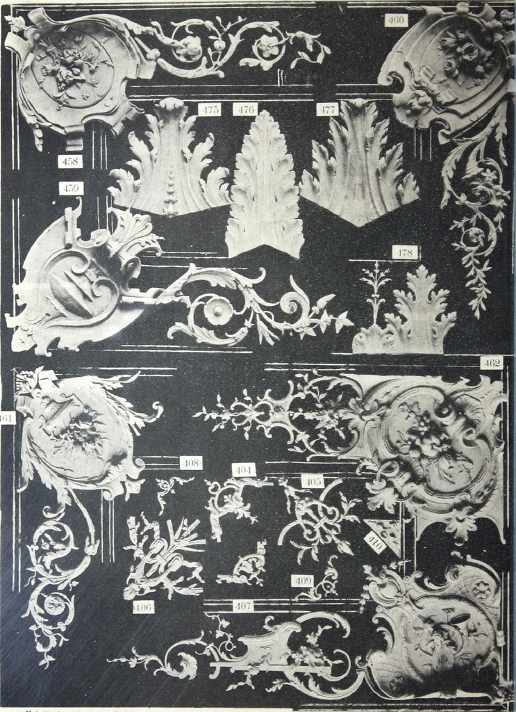 An illustration from A. Auberlet: Stone carving, Wood, Marble Interior and Exterior Stone and Cardboard-Plaster for Artistic Ornamentation, such as Castles, Churches, Hotels, Houses, Public Monuments. Projects, Models and Drawings of all styles. Export to France and Abroad., 1890, leaf 23