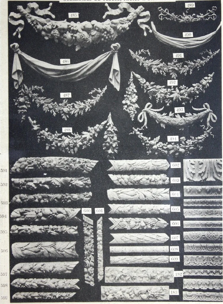 An illustration from A. Auberlet: Stone carving, Wood, Marble Interior and Exterior Stone and Cardboard-Plaster for Artistic Ornamentation, such as Castles, Churches, Hotels, Houses, Public Monuments. Projects, Models and Drawings of all styles. Export to France and Abroad., 1890, leaf 24