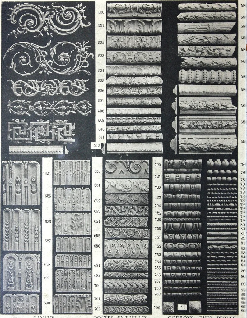 An illustration from A. Auberlet: Stone carving, Wood, Marble Interior and Exterior Stone and Cardboard-Plaster for Artistic Ornamentation, such as Castles, Churches, Hotels, Houses, Public Monuments. Projects, Models and Drawings of all styles. Export to France and Abroad., 1890, leaf 25
