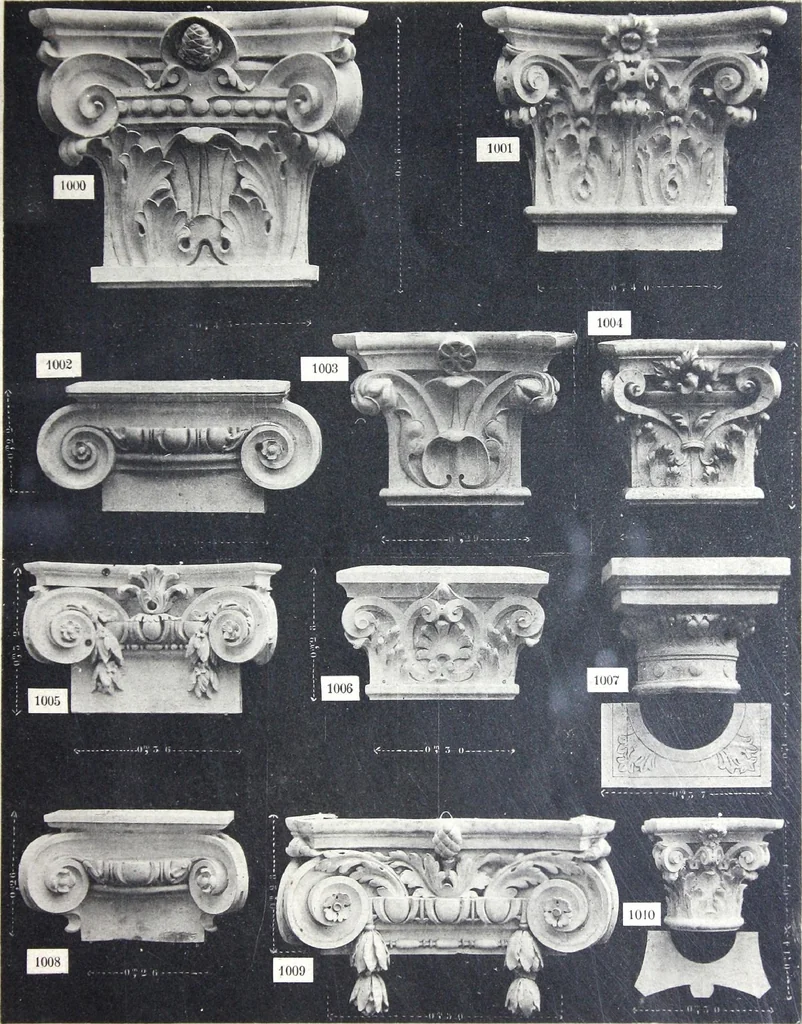 An illustration from A. Auberlet: Stone carving, Wood, Marble Interior and Exterior Stone and Cardboard-Plaster for Artistic Ornamentation, such as Castles, Churches, Hotels, Houses, Public Monuments. Projects, Models and Drawings of all styles. Export to France and Abroad., 1890, leaf 26