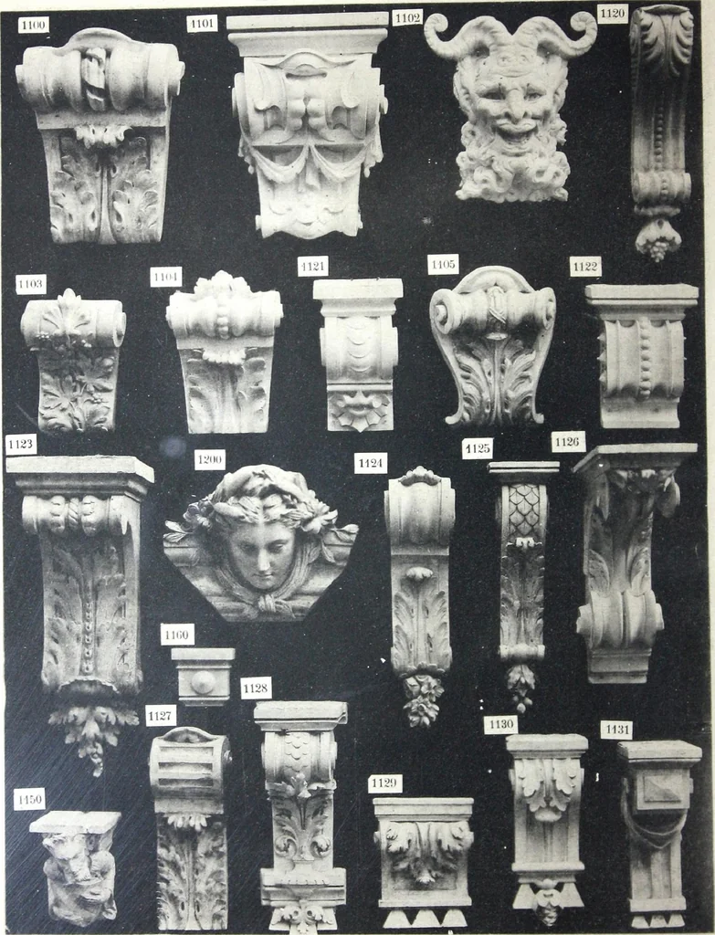 An illustration from A. Auberlet: Stone carving, Wood, Marble Interior and Exterior Stone and Cardboard-Plaster for Artistic Ornamentation, such as Castles, Churches, Hotels, Houses, Public Monuments. Projects, Models and Drawings of all styles. Export to France and Abroad., 1890, leaf 27