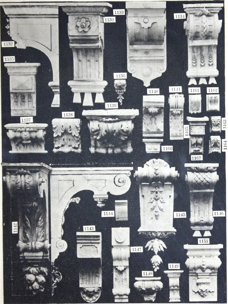 An illustration from A. Auberlet: Stone carving, Wood, Marble Interior and Exterior Stone and Cardboard-Plaster for Artistic Ornamentation, such as Castles, Churches, Hotels, Houses, Public Monuments. Projects, Models and Drawings of all styles. Export to France and Abroad., 1890, leaf 28